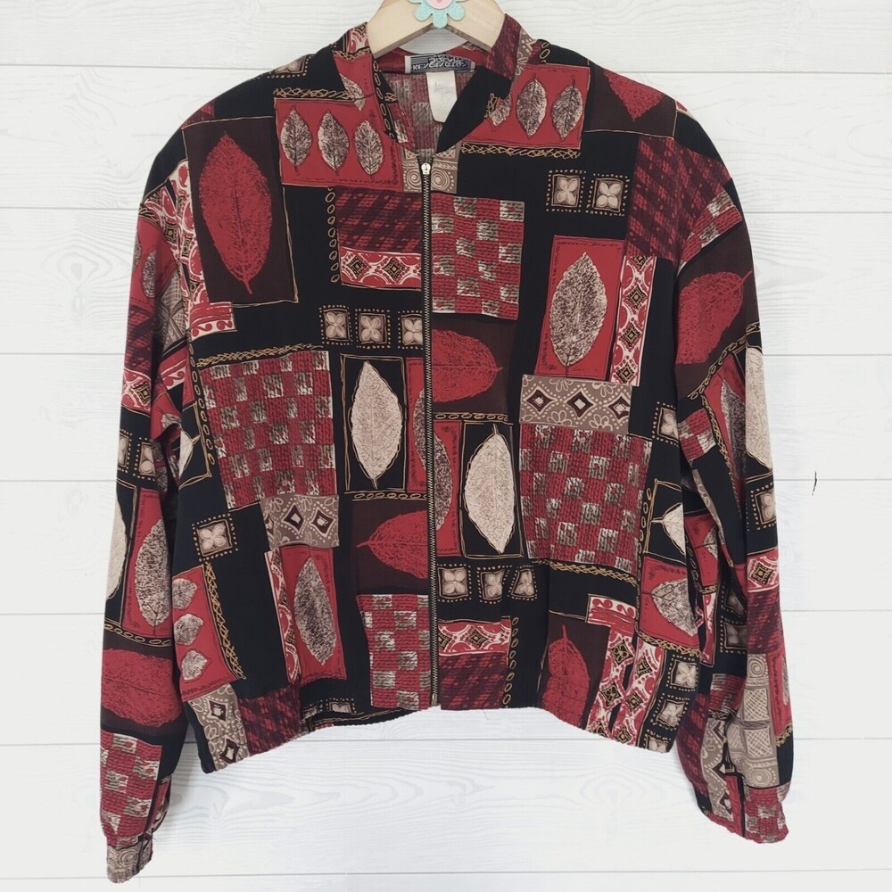 Kensington Square Jacket XL Red Full Zip Lightweight Leaf Pattern Vintage 80's